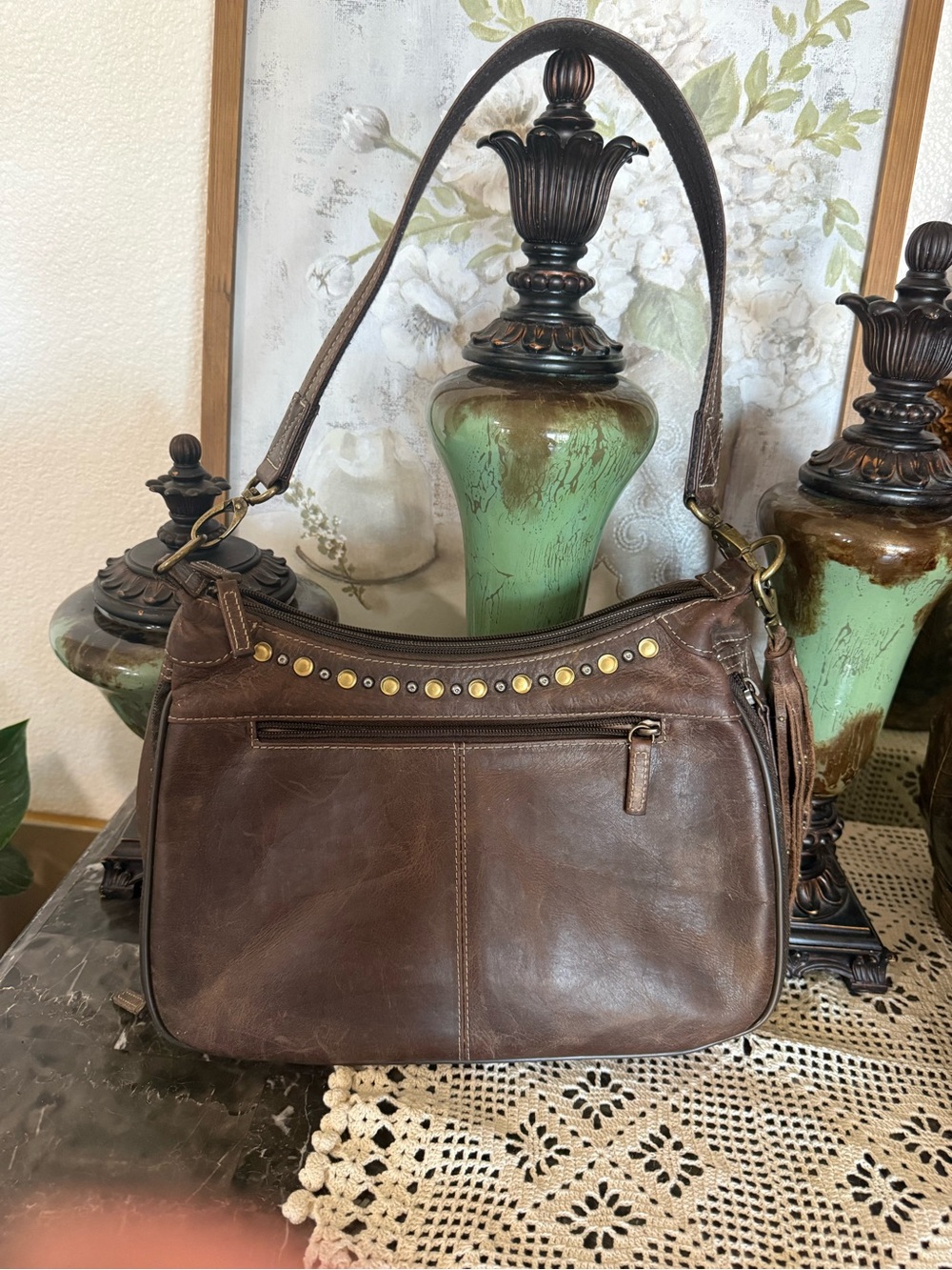 Classic Brown Leather Shoulder Bag with Brass Stud Accents